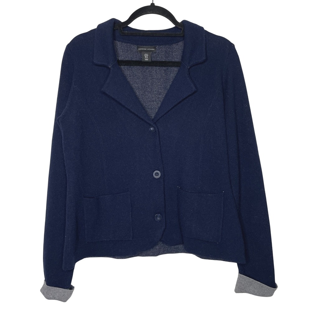Adrienne Vittadini Blazer Cardigan Womens Medium Blue Knit Dark Academia Office